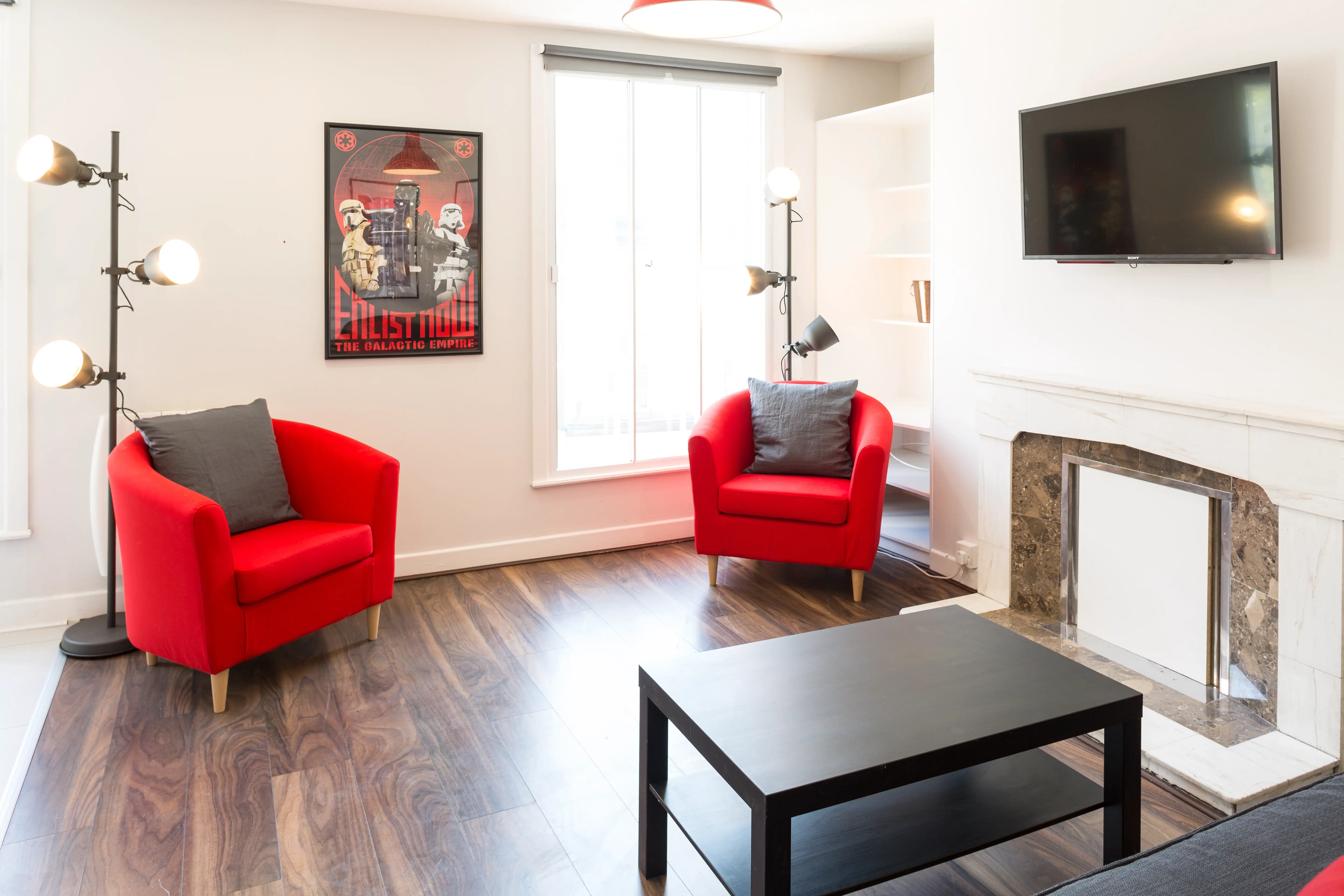 Bright living room with fireplace