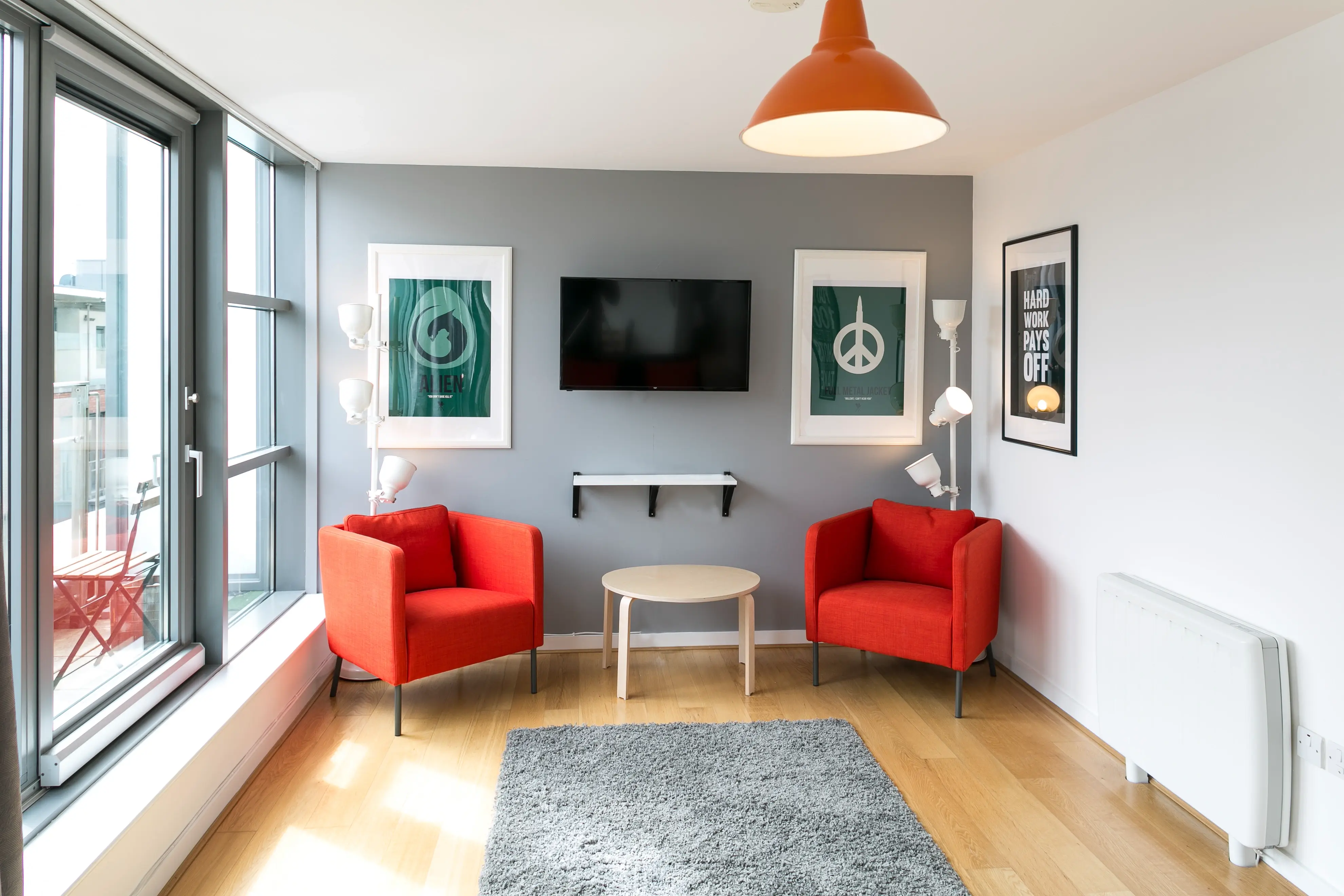Modern living room with city views